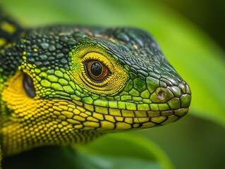 Fototapeta premium close-up portrait of an exotic green and yellow lizard, macro photography, studio lighting, professional color grading, shallow depth of field, green background