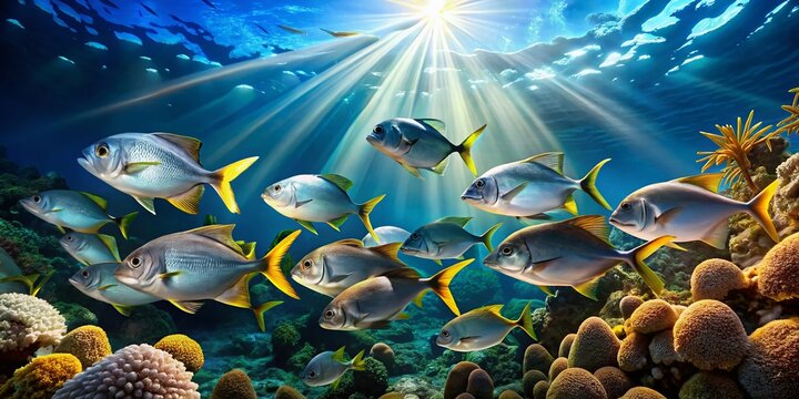 School of Ponyfish Swimming in Coral Reef, Underwater Scene, Rule of Thirds Composition