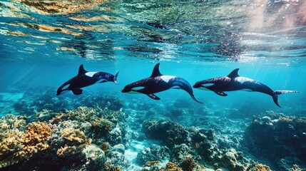 Obraz premium Orcas swimming gracefully over vibrant coral reef
