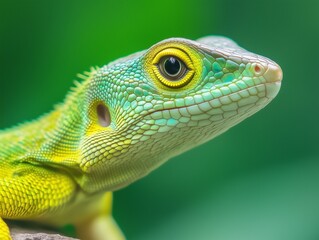 Obraz premium close-up portrait of an exotic green and yellow lizard, macro photography, studio lighting, professional color grading, shallow depth of field, green background