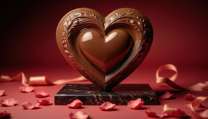 Romantic chocolates. A beautifully crafted chocolate heart sits on a dark pedestal, surrounded by rose petals and ribbons, perfect for romantic occasions.
