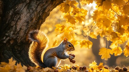 A squirrel sitting on a log eating an acorn with autumn