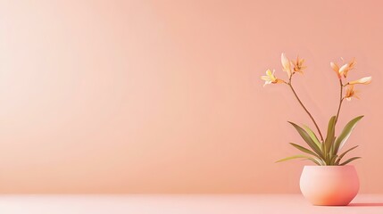 Obraz premium A pastel peach background with minimal textures and a flower pot in the lower right corner, offering a soft and airy layout