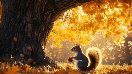 A squirrel sitting on a log eating an acorn with autumn