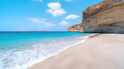 Stunning Santorini beach with clear turquoise water and sandy shore
