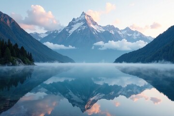 Fototapeta premium Misty veil lifts revealing majestic mountain peaks reflected in still lake, misty, mountain