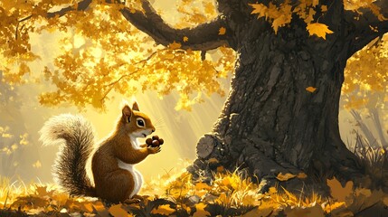 A squirrel sitting on a log eating an acorn with autumn