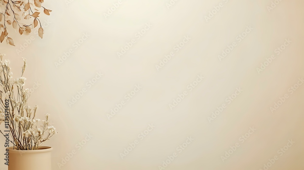 Poster a soft ivory backdrop featuring a flower pot in the top left corner and generous open space for mini