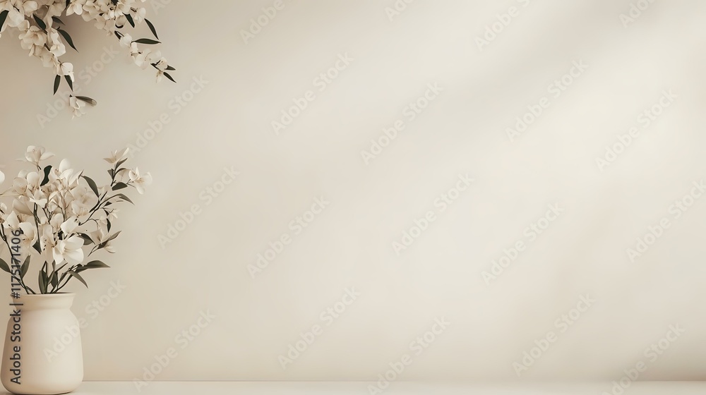 Poster a soft ivory backdrop featuring a flower pot in the top left corner and generous open space for mini