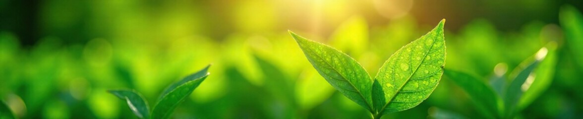 Morning sunlight catches dew-kissed green leaves, light, leaves