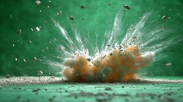 Explosion with Flying Debris on Green Background. Generative AI