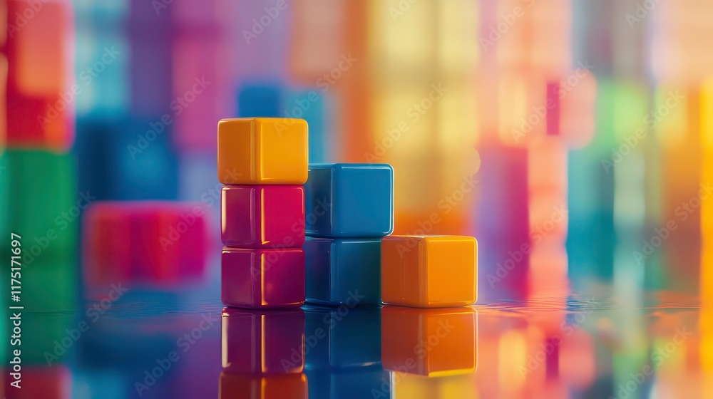 Poster colorful cubes forming a rising bar graph on a reflective surface with a blurred background of simil
