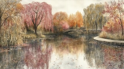 Obraz premium Serene autumnal landscape reflecting in a calm pond with flowering trees