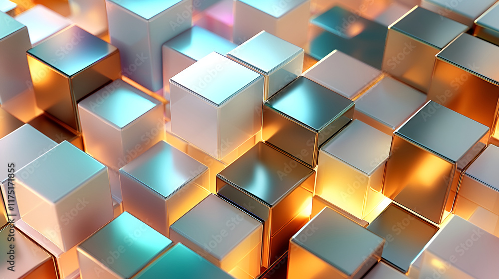 Poster a mosaic of interconnected, vibrant cubes with light reflections, creating a 3d illusion of depth an
