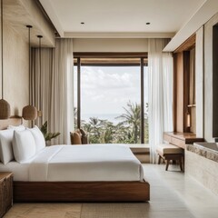 Fototapeta premium A fresh and minimalist hotel room with Balinese decor, featuring neutral tones, wooden accents, and natural textures. The room has a large window offering a scenic sea view. 