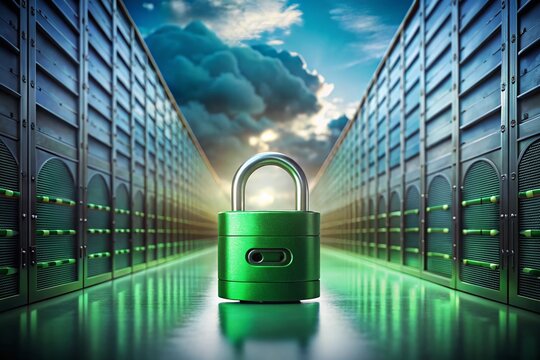 Secure Cloud Server Data Protection: Green Padlock on Server Rack in Clouds