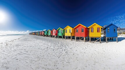 Naklejka premium Colorful Beach Huts Line Sandy Shore Under Blue Sky