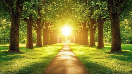 Fototapeta premium Sunlit Path Through Majestic Tree Lined Avenue