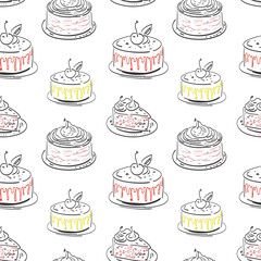 Seamless pattern. With cake and piece of cake. Sketch style drawing on white background