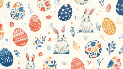Beautiful patterns on Easter-themed eggs and rabbit on a white fabric. Easter day concepts. Generative AI Illustration.