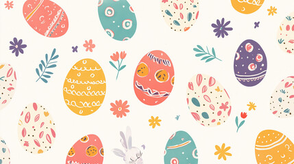Beautiful patterns on Easter-themed eggs and rabbit on a white fabric. Easter day concepts. Generative AI Illustration.