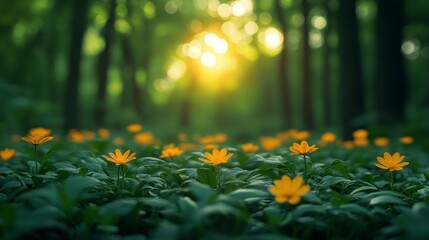 Sunlit Forest with Yellow Flowers. Generative AI