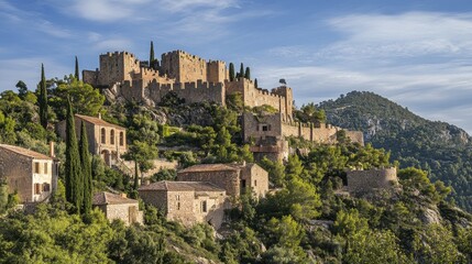 Obraz premium Majestic Castle Perched High Upon A Hillside Village