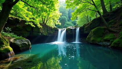 Reflective forest lake with gentle waterfall flow, waterfall, gentle