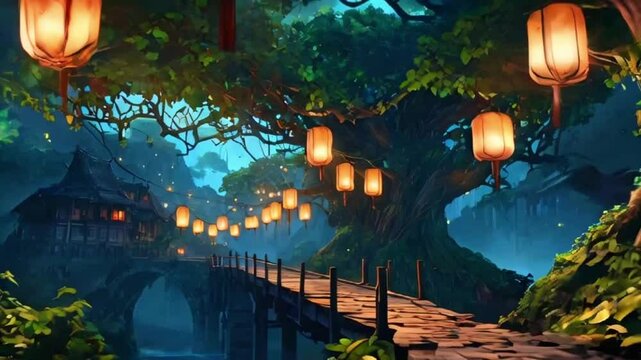 Giant trees form a village glowing lanterns hanging branches, bridges enchanted ivy connecting homes built tree hollows, 2D flat anime style illustration, 4k landscape animation video