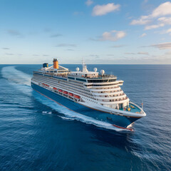 Naklejka premium aerial view of luxury ship traveling with speed over the blue ocean, AI-generated
