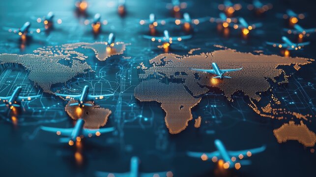 Fototapeta International shipping, cargo planes over world map