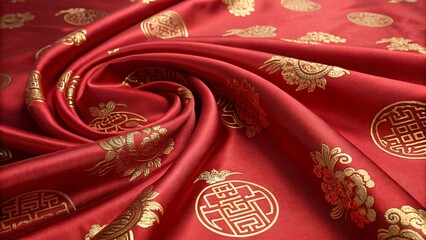 A textured background featuring red silk and golden Chinese
