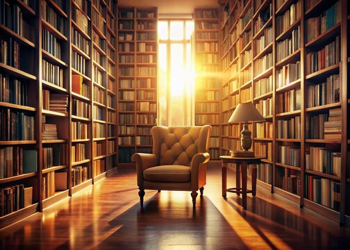 Serene Bookstore Afternoon: Sunlight Streaming Through Window, Bookshelves, Cozy Reading Nook