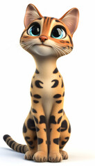 Fototapeta premium 3D cartoon Bengal cat posed adorably on a white background AI Generated
