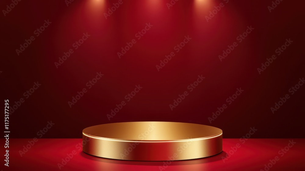 Poster chinese new year podium and backdrop. empty stage with a circular platform and red background, illum