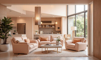 Tech-savvy living room in pastel peach, where smart furniture is seamlessly integrated into the design, including AI-powered chairs that adjust
