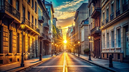 Serene Dawn: Empty City Street Bathed in Golden Sunlight