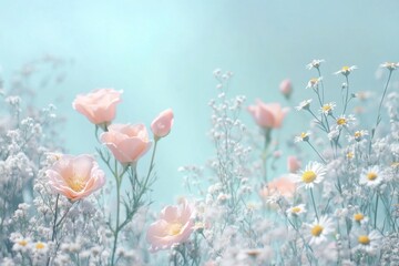 Obraz premium Soft pastel pink and white flowers in a dreamy field.