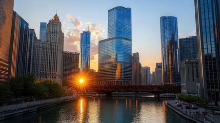 Naklejka premium Chicago Skyline Sunset River Cityscape