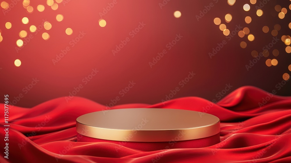 Poster chinese new year podium and backdrop. elegant presentation with a golden platform on red fabric and 