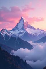 Soft pink dawn breaks above snow-capped mountains, fog, mountains