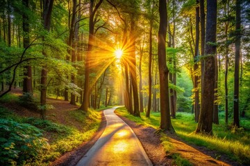 Obraz premium Serene Forest Running Track: Sunlight, Determination, Outdoor Fitness