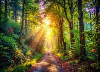 Naklejka premium Serene Forest Trail: Sunlight Dappled Path Perfect for Hiking & Jogging