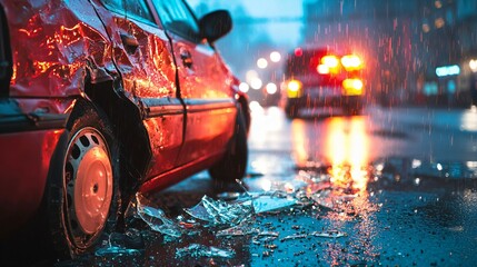 Close-up of a damaged car bumper with shattered glass on a wet road, depicting a car accident scene. Concept of vehicle collision, road safety, and emergency situations.