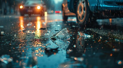 Close-up of a damaged car bumper with shattered glass on a wet road, depicting a car accident scene. Concept of vehicle collision, road safety, and emergency situations.