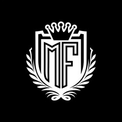 MF Letter logo heraldic shield shape with crown on black background template design