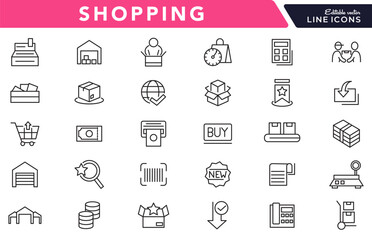 Shopping line icon set. Supermarket, cart, online shopping, commerce, mobile shop, testimonials, shipping, purchase, Package, basket, bag line icon set. UI thin line icon pack.