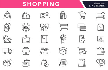 Shopping line icon set. Supermarket, cart, online shopping, commerce, mobile shop, testimonials, shipping, purchase, Package, basket, bag line icon set. UI thin line icon pack.