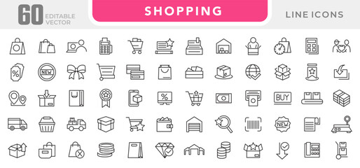 Shopping line icon set. Supermarket, cart, online shopping, commerce, mobile shop, testimonials, shipping, purchase, Package, basket, bag line icon set. UI thin line icon pack.