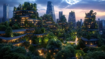 Obraz premium A Stunning Vision of a Sustainable City Filled with Lush Greenery and Innovative Eco-Friendly Architecture Under a Soft Glow
